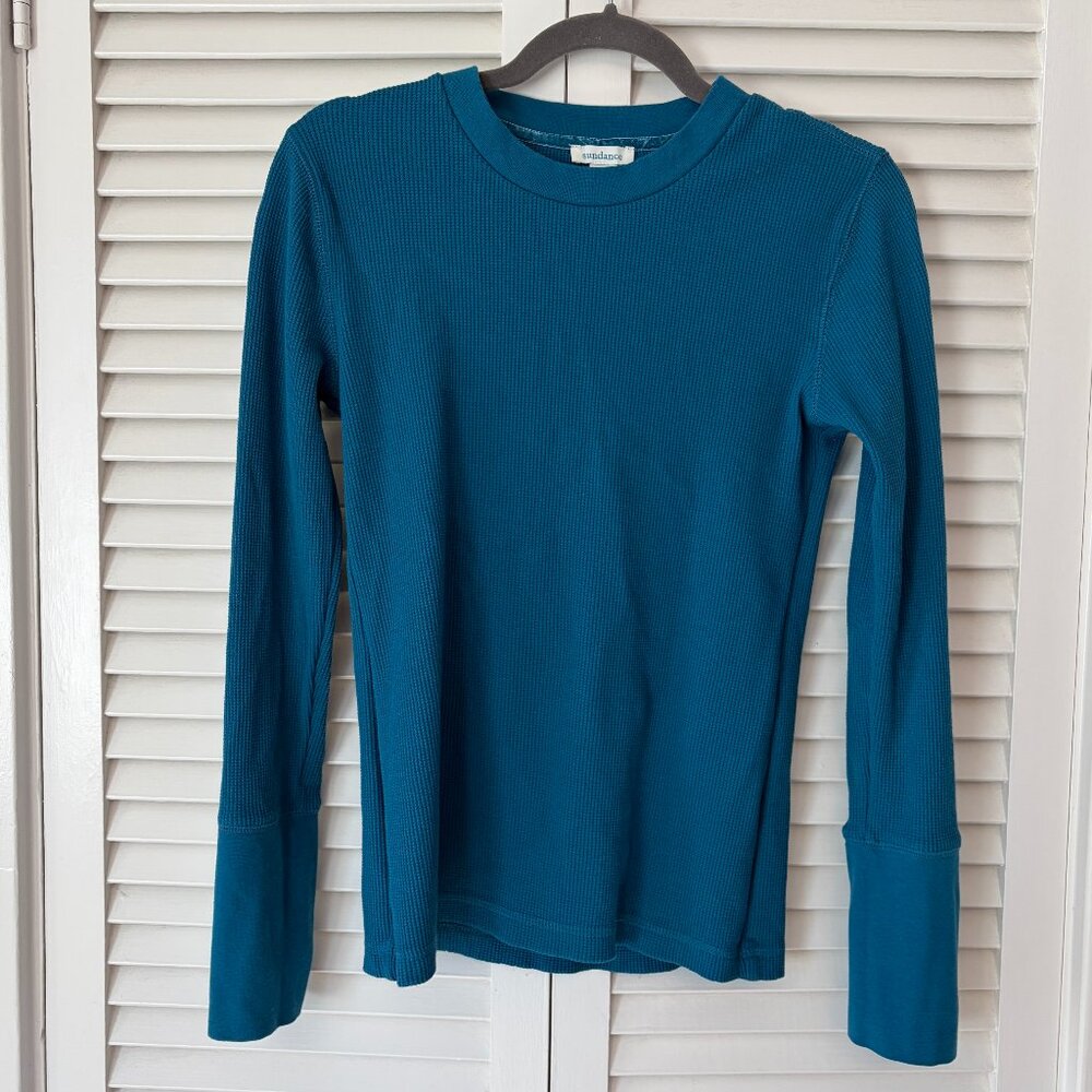 Sundance women's long-sleeved t-shirt waffleknit teal blue small thermal crew